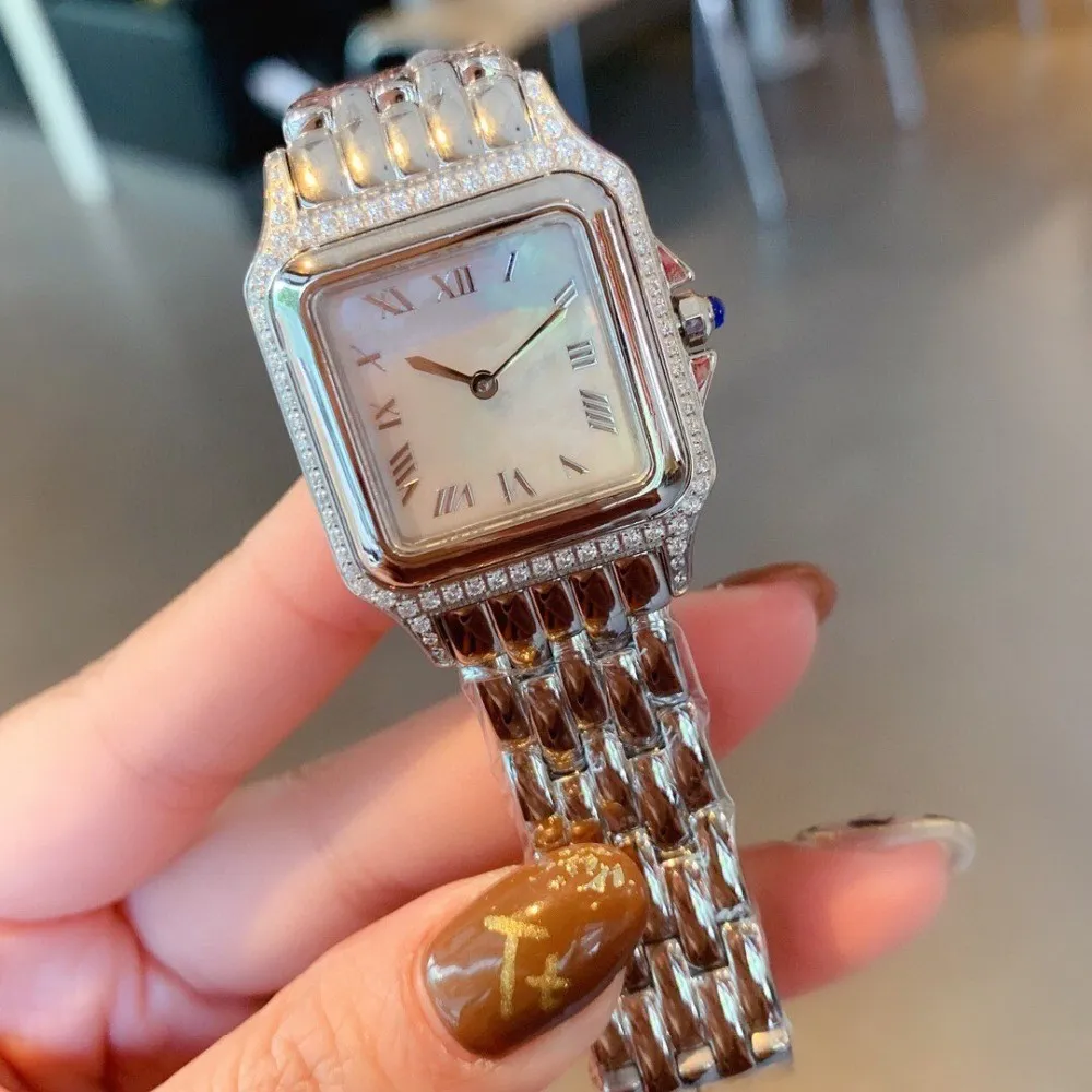 Women Stainless steel Quartz Wristwatch Square Geometric Roman Numerals Watch Ladies Mother of pearl dial Panthere Watch 27mm