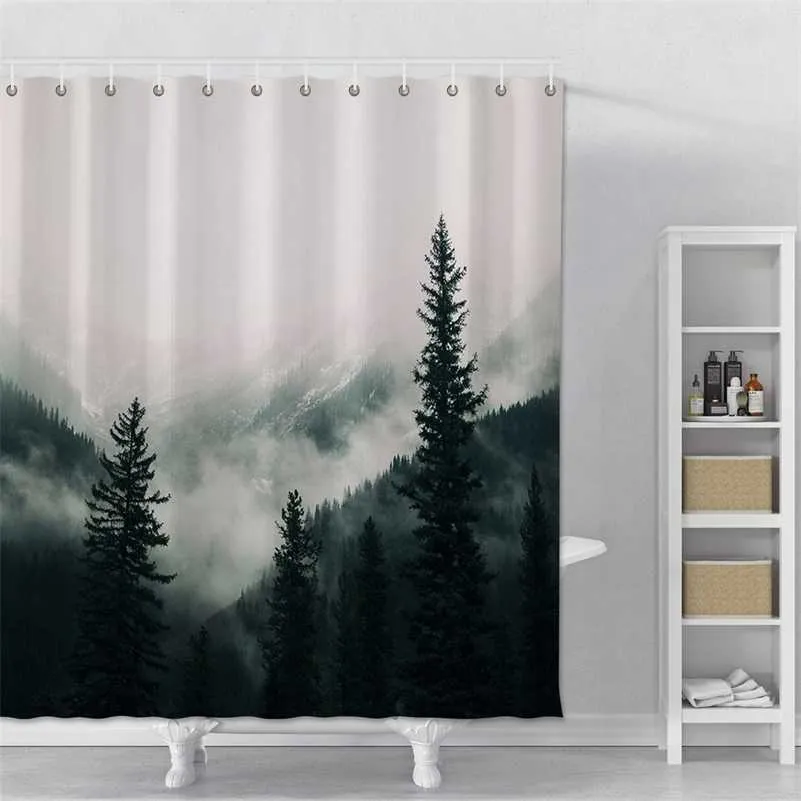 Cortina de chuveiro de floresta padrão de nevoeiro decoração de banheiro cortinas montanhas para banheiro chuveiro cortinas psicodélicas com ganchos 211116
