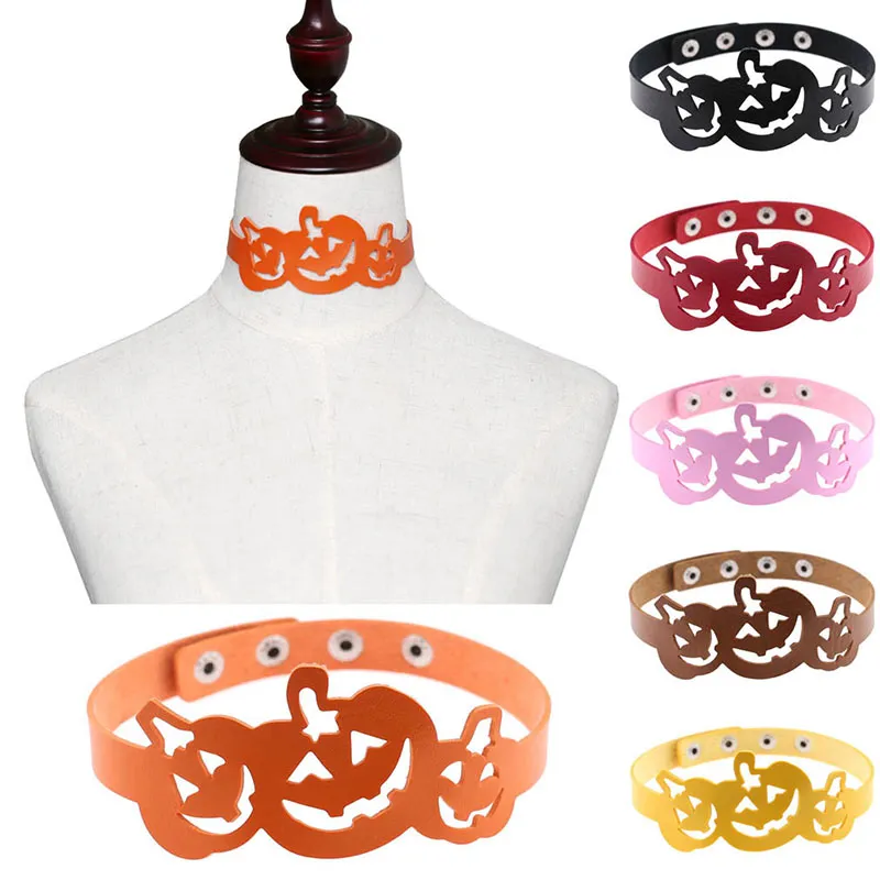 Överdrivning halloween choker ihålig ut pumpa läder krage halsband knappar justerbar halsband för kvinnor barn mode smycken vilja och sandig