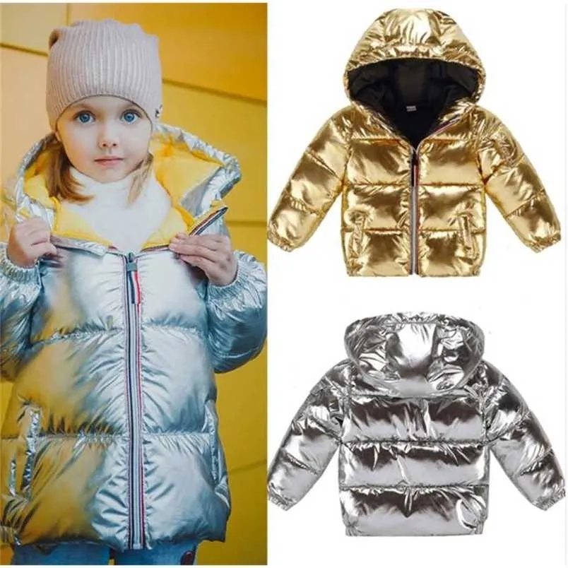 Barn vinterjacka för barn tjejer silver guld svart pojkar casual hooded coat baby kläder outwear parka jacka snöar 211203