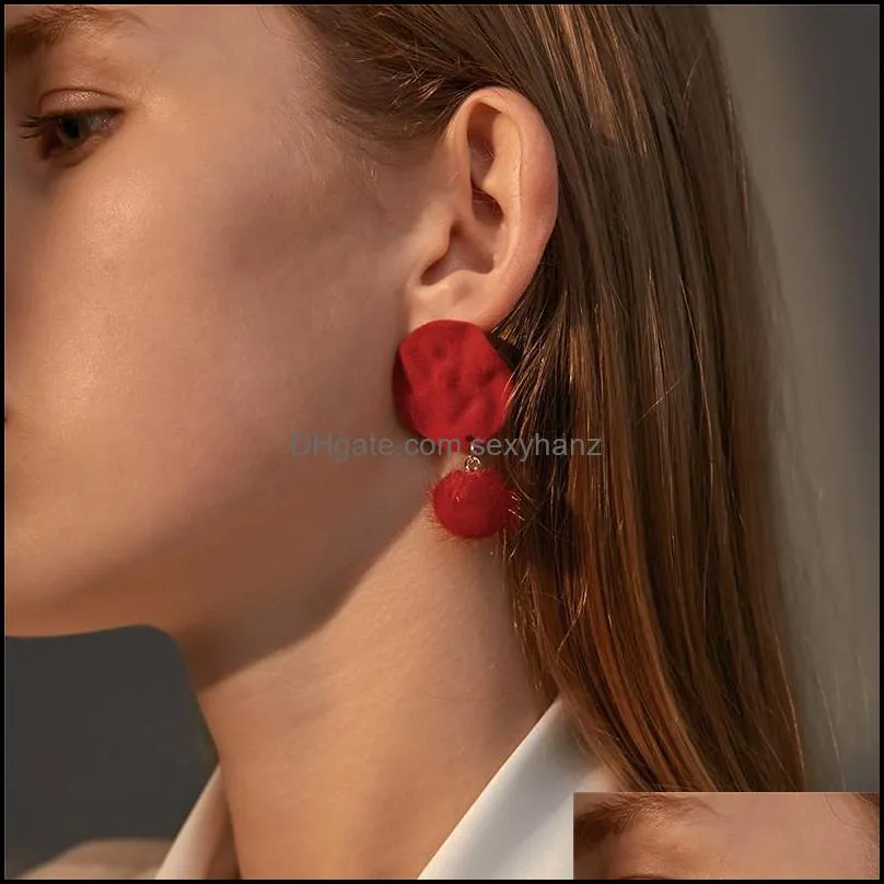 Round Lint Plush Ball Charm Earrings Women Concave-convex Sweater Ear Drop European Female Business Party Dress Stud Earring Jewelry