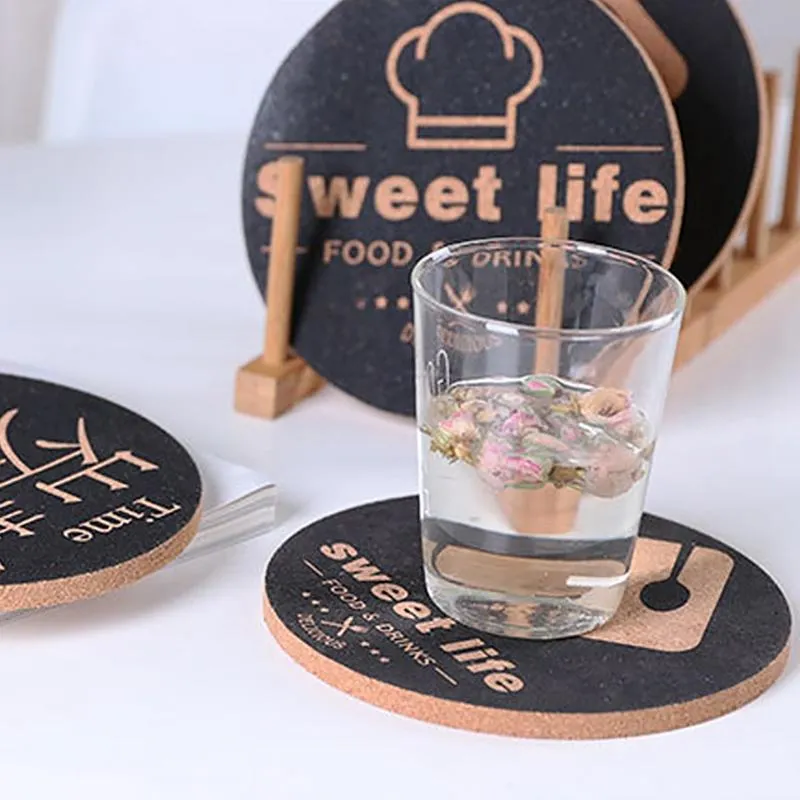 Mats Pads Tea Wooden Cork Cup Holder Placemat Silk Screen Printy Anti-Scalding Värme Isolering Hushållspottkök