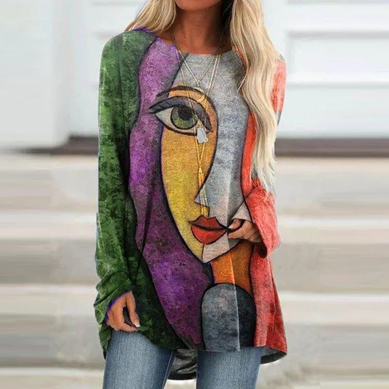 Blusas para mujer camisas con estampado de cara abstracta jersey con cuello redondo Top colorido informal para mujer blusa informal holgada de