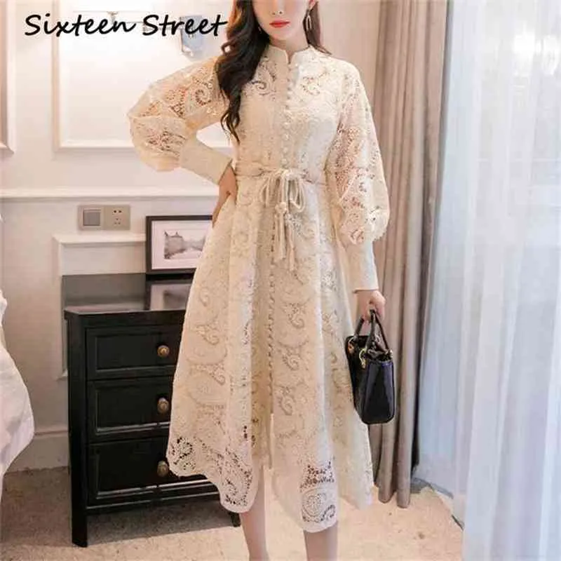 Woman Dress with sashes hollow out apricot Lace Long lantern sleeve elegant party dress lady single-breasted vestido runway 210603
