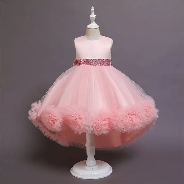 2020 Kinder Ballkleid Blumenmädchen Tailing Kleider Puffy Satin Schleife Mädchen Prinzessin Lange Kleider für Kinder Kommunion Brautkleider Q0716