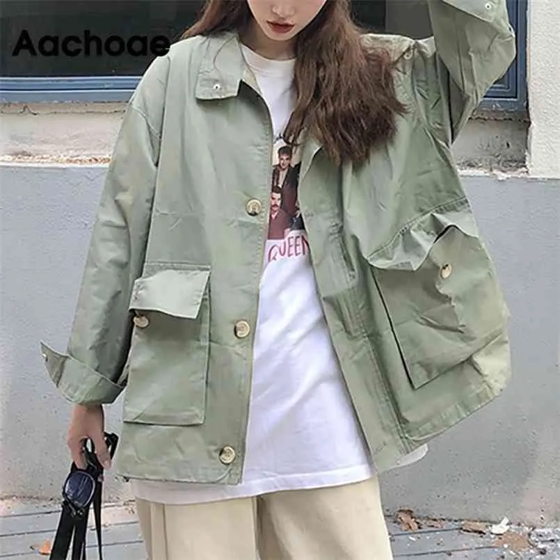 Aachoe koreański styl luźna kurtka ładunkowa damska streetwear batwing z długim rękawem kieszenie płaszcze rocznika jesień zima casual kurtki 210918