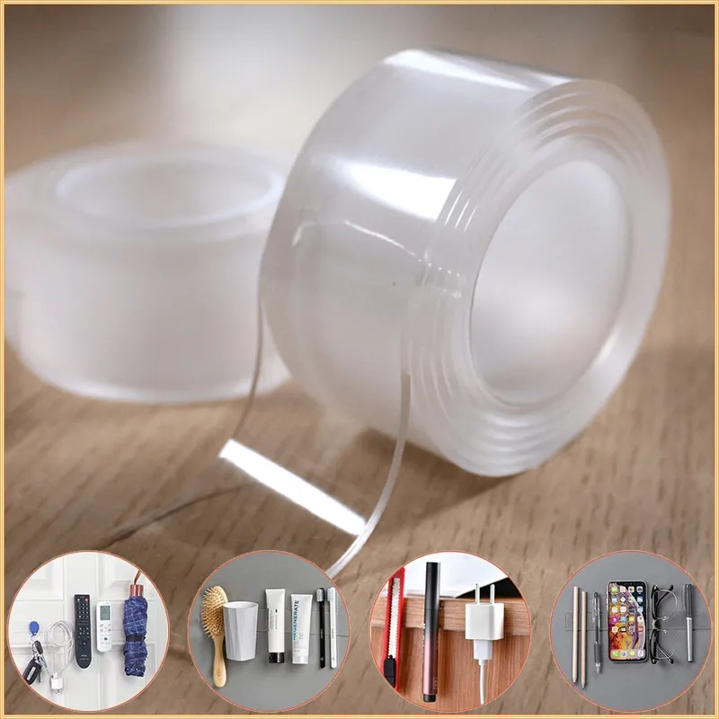 Multi-Purpose Nano Dubbelsidig Tape Vattentät Clear Adhesive Pasta 1 2 3 5 m Lämplig för kök Badrum Hem Trim Reusable Storage Finishing Building