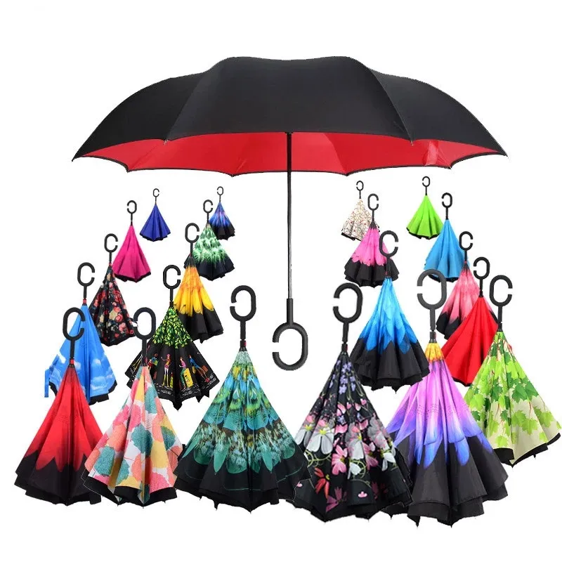 Parapluie inversé pliant à longue tige, Double couche, coupe-vent, crochet en C inversé pour homme, parapluie de Golf inversé pour voiture