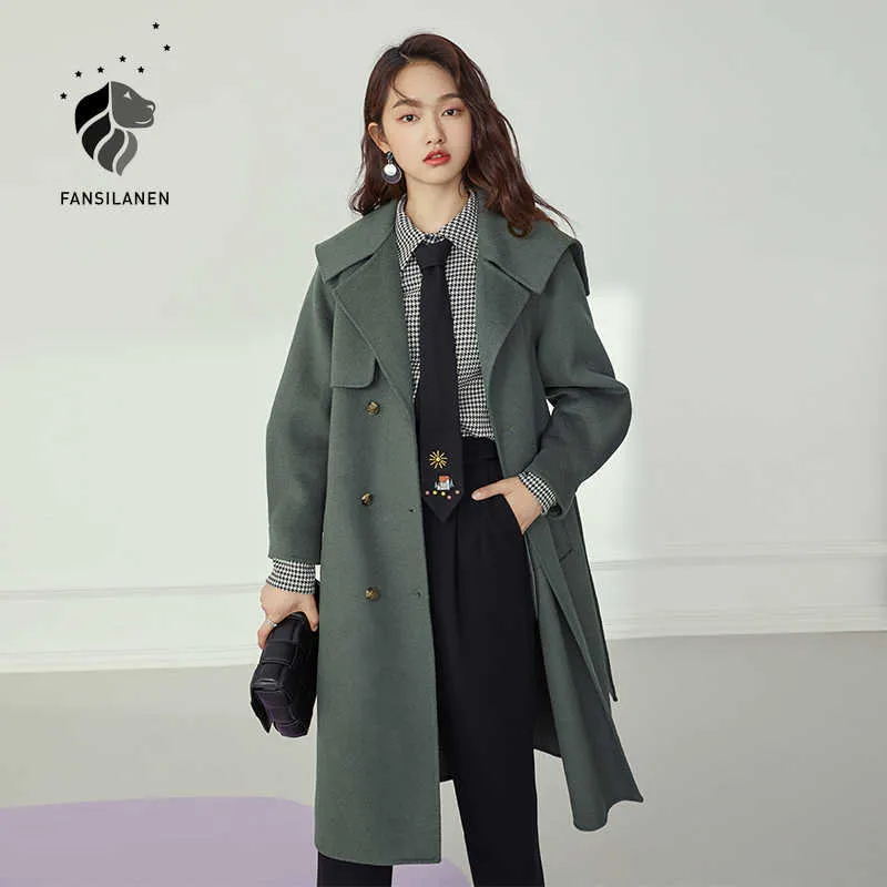 FANSILANEN Gray long elegant wram wool coat Women double breasted winter jacket Vintage cashmere female trench blend 210607