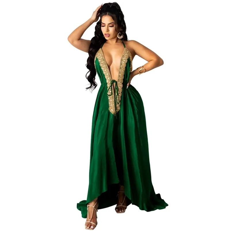 V Neck Sexy Slim Elastic Waist Maxi Dress Vintage Print Lace-Up Backless Long Elegant Halter Sleeveless Party Women 210525