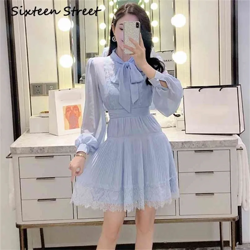 Autumn Blue Chiffon Dress Woman Runway Design Long Sleeve Bow Neck Casual Party High Waist Pleated Self Female 210603