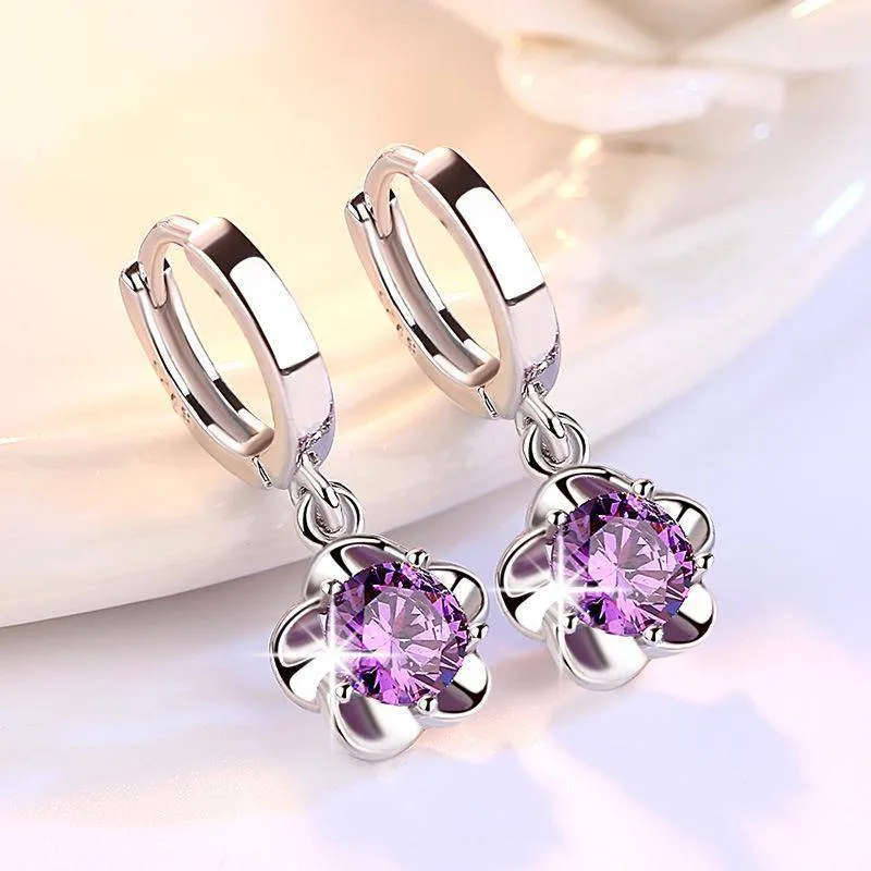 Prata Dangle brincos jóias de alta qualidade retro padrão simples roxo branco zircon brinco