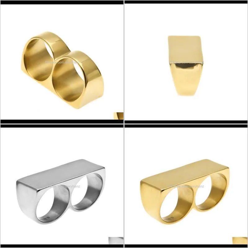 Mens Two Fingers Double Ring Rings Boys Gold-Color 316L Stainless Steel Metal Ring Hiphop Punk Style Jewelry Rings