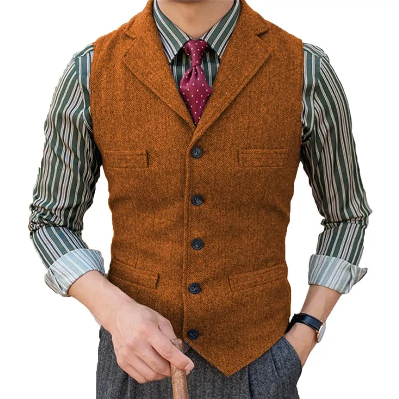 Männer Westen Anzug Weste Revers Wolle Fischgräten Einreiher Casual Formal Business Groomman Für Hochzeit Prom Gilet Männer 2021