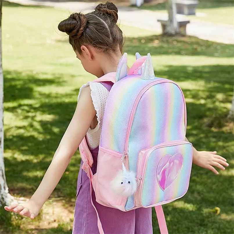 Girls Unicorn Backpack Style Rainbow Color With Plush Ball For Kinder Garden Nursery Primary School Student Kids Children 211025