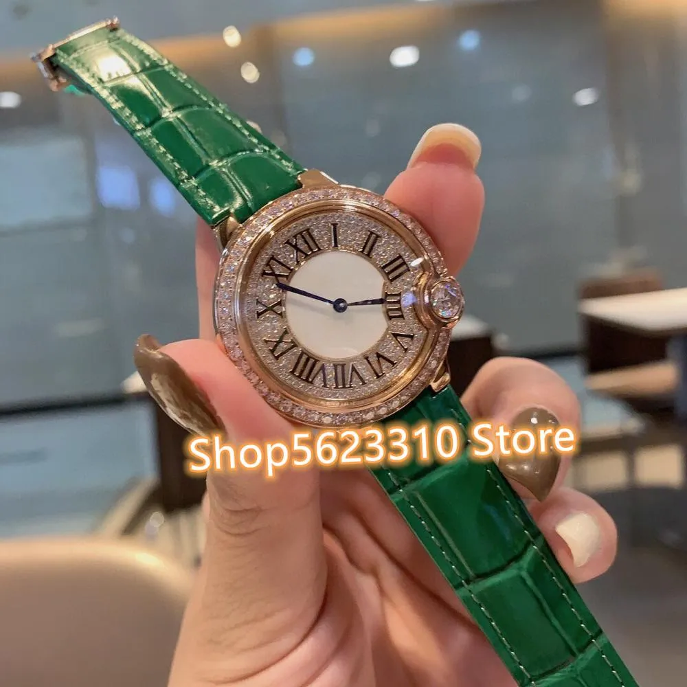 Moda bayanlar kristaller roman saatleri zirkon kuvars izle rhinestone saat kadın tam elmas gerçek deri izleme 36mm291n