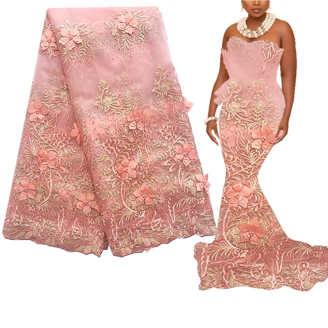 3d Appliqued French Lace Fabric 2024 High Quality Peach African Cord Net Nigerian Laces Fabrics for Aso Ebi Wedding