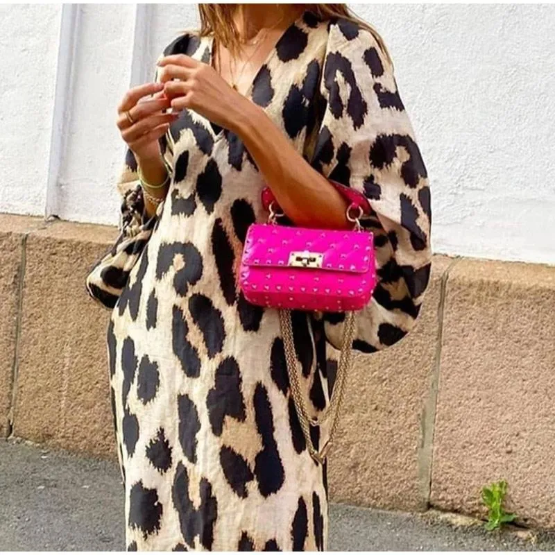 캐주얼 드레스 여성 Maxi Loose Leopard 인쇄 3 분기 랜턴 슬리브 V 넥 섹시한 빈티지 여름 antumn 의류 Vestido Streetwear