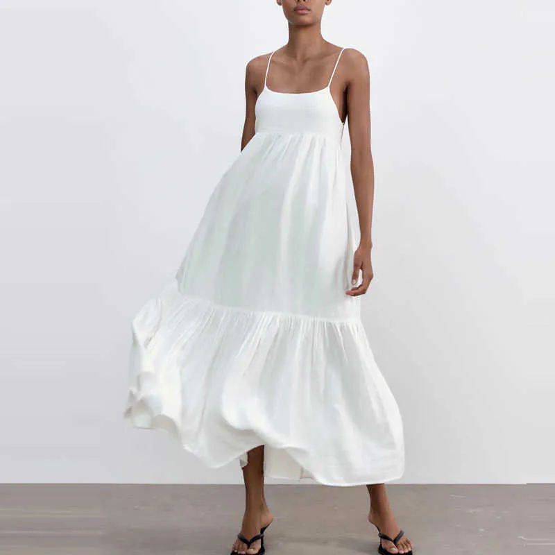 Women White Backless Summer Dress Za Sleeveless Straps Sexy Tiered Midi Dresses Woman Chic Bow Elastic Pleated Party Dress 210602