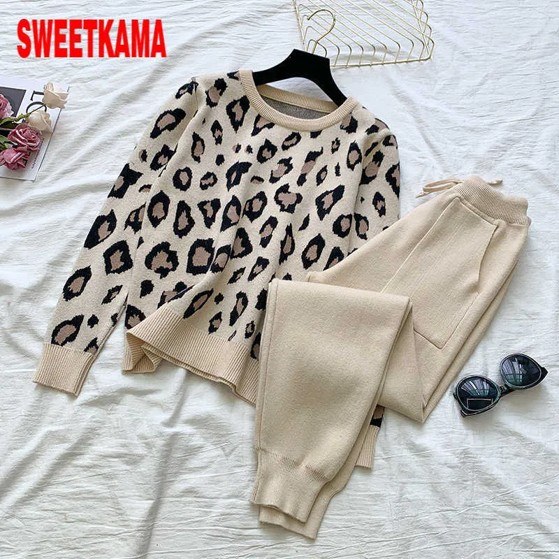 SweetkamaAutumn leopard print stickad tvådelad uppsättning kvinnor casual mode långärmad o-nacke tröja och harem byxor kostym outwear y0625