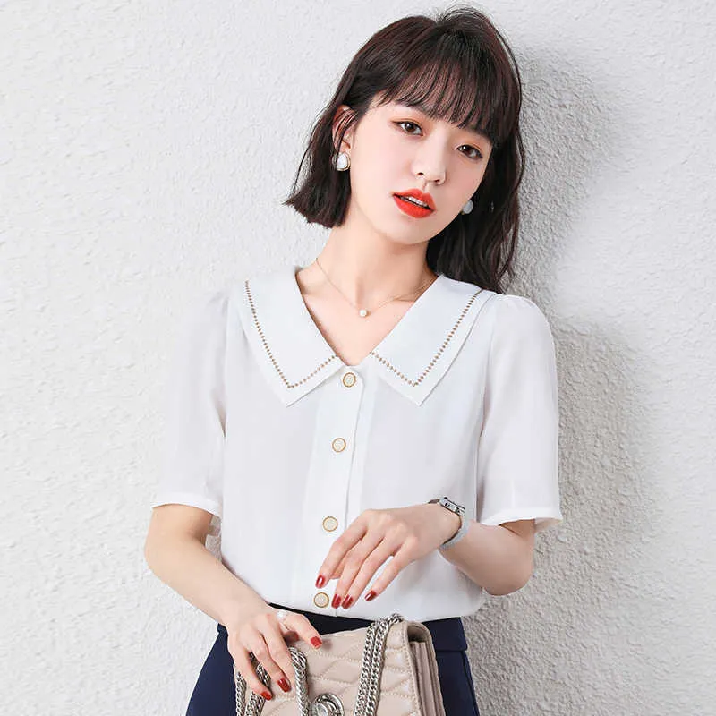 Lato Korean Moda Szyfonowy Przycisk Down Dla Kobiet Turn-Down Kołnierz Krótki Rękaw Office Lady Bluzka Plus Size Topy 210531
