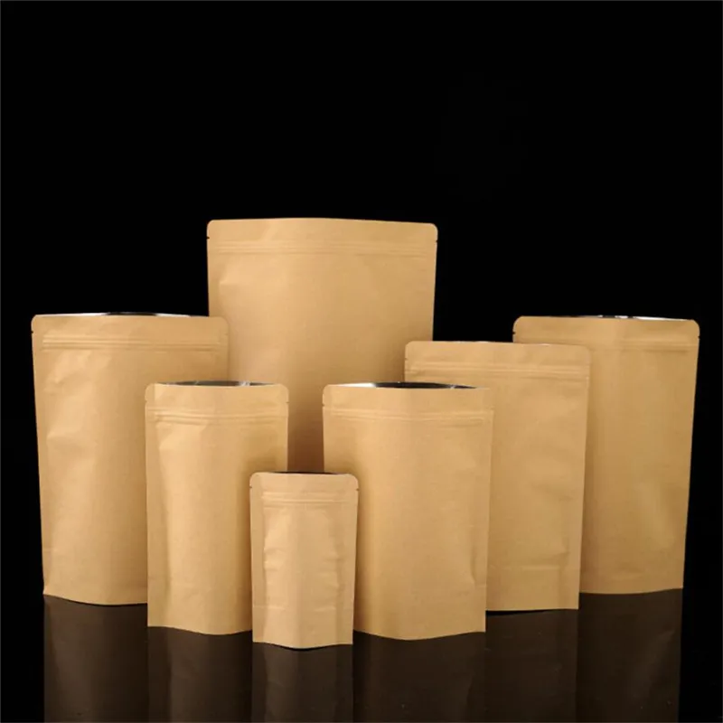 100 pçs / lote Folha de alumínio Kraft Paper Bags Stand Up Bolsa Pacote Reutilizável Saco de Armazenamento para Alimentos Chá Snack