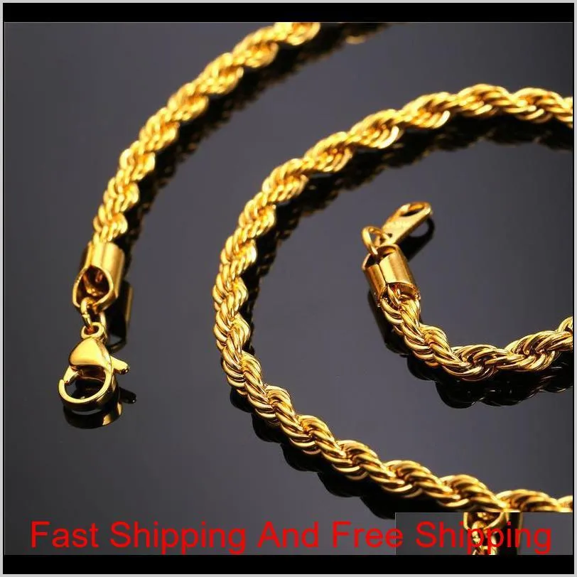 18k real gold plated stainless steel rope chain necklace for men women gift fashion jewelry accessories wholesale