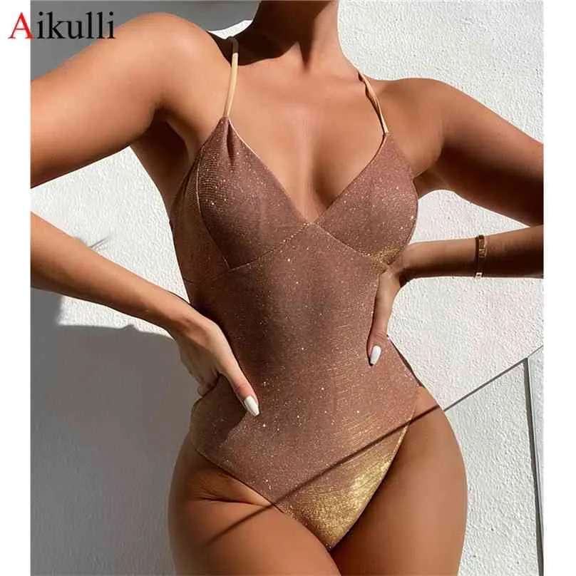 Shiny Swimsuit Women Swimwear Sexy V Neck High Cut Swimming Suit Female Monokini Bodysuit Beach Bathing Swim 210611