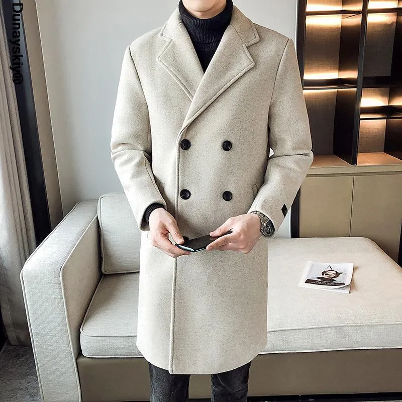 Mens Wool Blend Double Breasted Winter Long Coat Jacket Overcoat