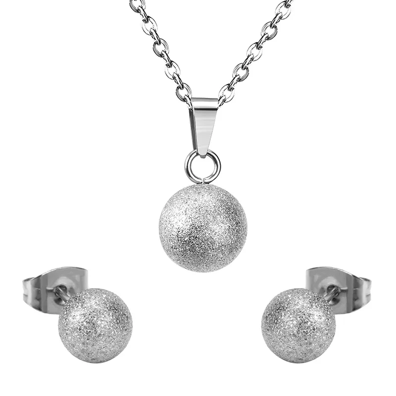 Gold silver Ball Round stainless steel Wedding Jewelry Set Women Party Pendant Necklace Earrings Sets