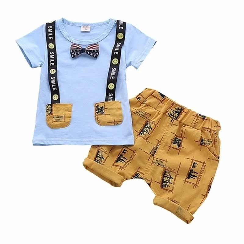Yeni Yaz Çocuk Erkek Kız Giysileri Moda Çocuklar Pamuk Giyim Suit Toddler Karikatür T Gömlek Şort 2 adet Bebek Rahat Eşofman 210309