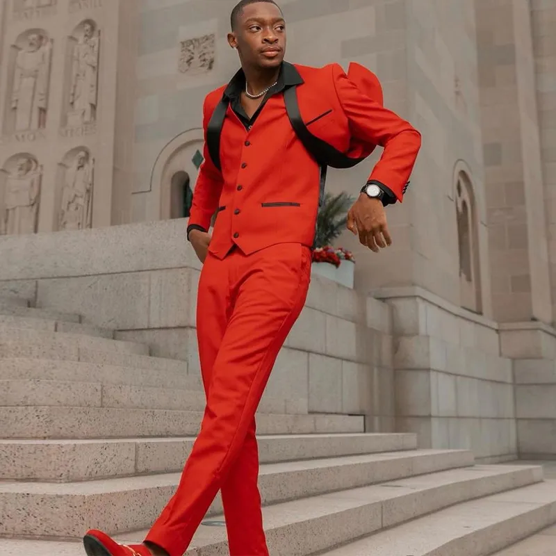 slim fit dress slacks Red Notched Lapel Two-Button Prom Suit with Black Pants
