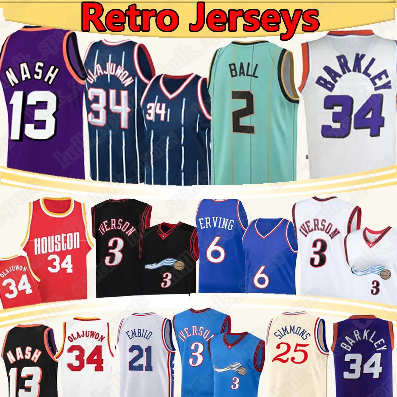 2 Lamelo Ball Allen 3 Iverson Basketball Jersey 34 Olajuwon 6 Erving 34 Barkley 13 Nash 21 Embiid 25 Simmons koszulki do koszykówki w stylu retro