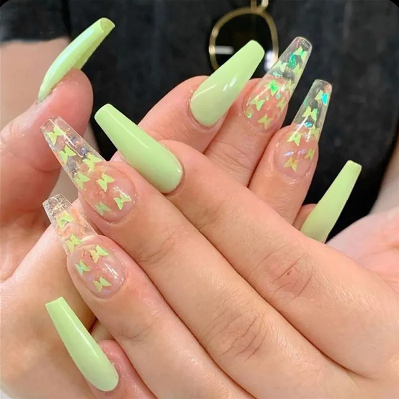 24PCS Butterfly Glitter Fake Nails Tips Sequins Pattern Acrylic False Ballerina Nails for DIY Manicure Fingernails