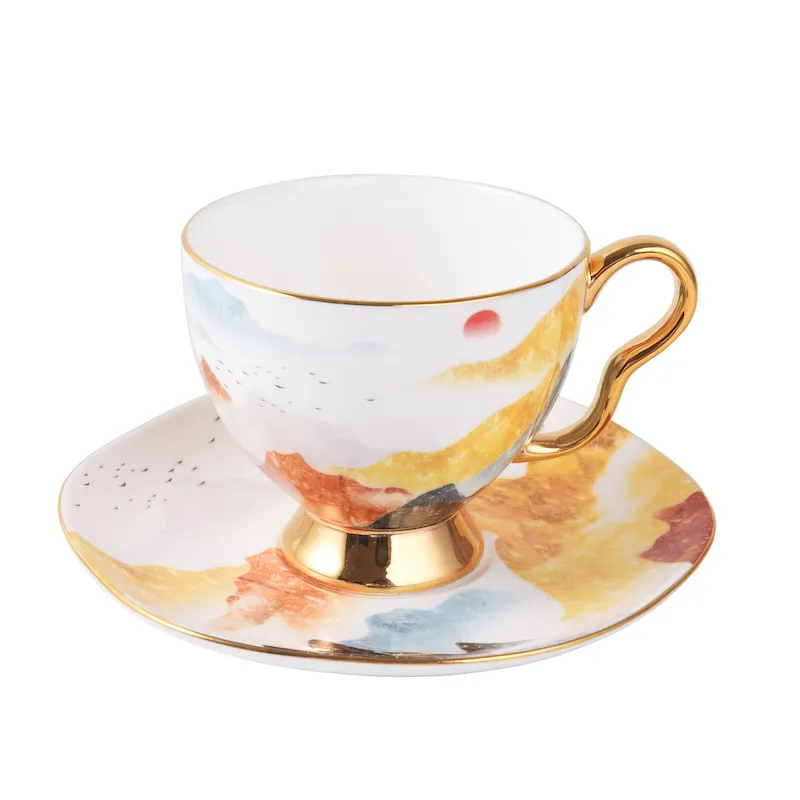 Service à café avec soucoupes,Tasses à café et soucoupe à bordure dorée, ensembles de tasses à