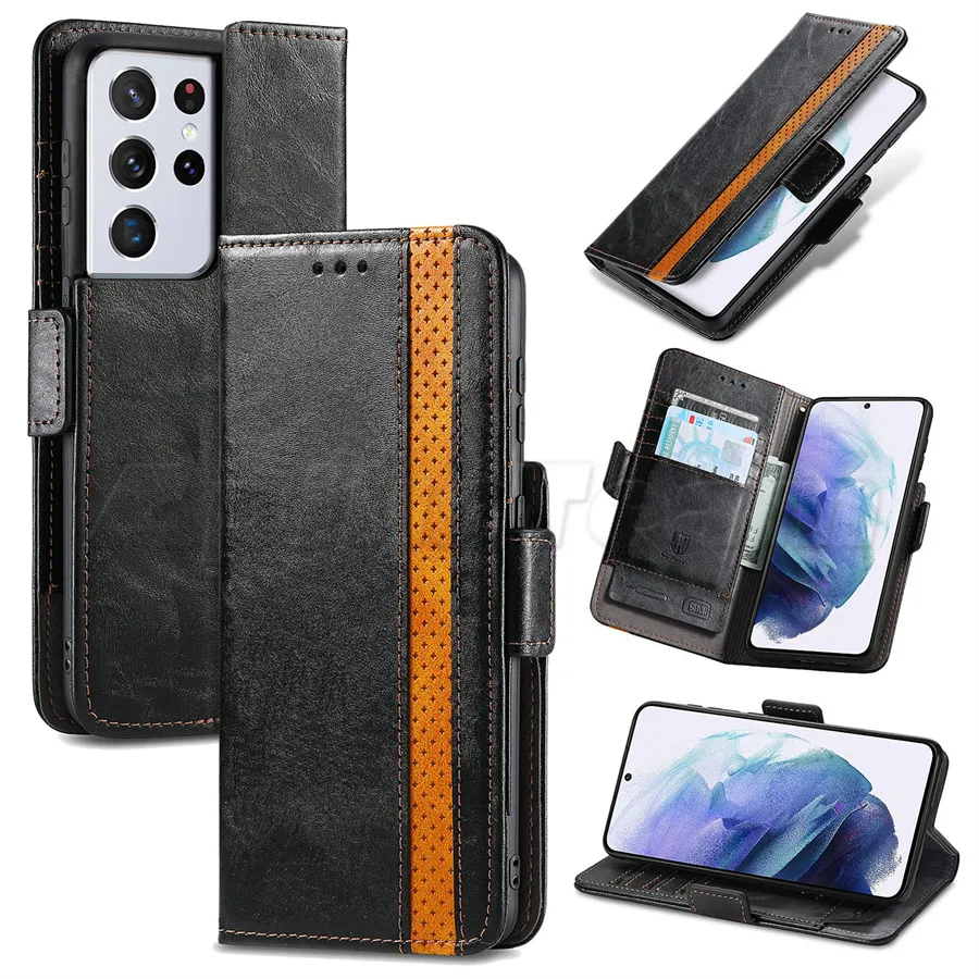 Samsung iPhone Card Card Wallet Flip Holster Fall Protection Cover Leather Anti-Slip Surface Flip Bucklet Foldable Bracket 6色の電話ケース