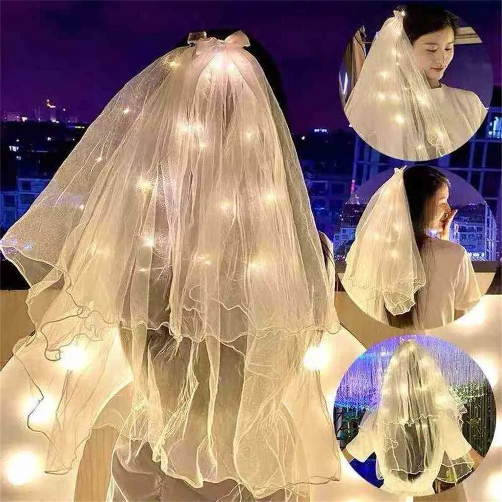 60CM luminoso LED velo da sposa lunghezza spalla perle veli da sposa bianchi copricapo da principessa per bambini con lampada luci mantiglia filato perline decorazione fiocco in nastro G65ECM0