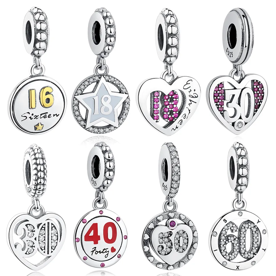 Nyårs present 925 Sterling Silver Pärlor Födelsedagsfigur Nummer 18 År gammal Kärlek Hjärta Charms Fit Original Bracelet DIY Smycken Q0531