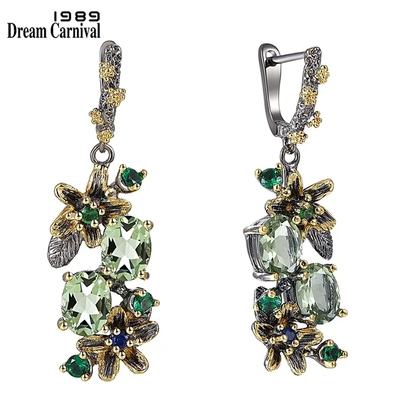 DreamCarnival 1989 Achtergrond Antieke Oorbellen Voor Vrouwen Vintage Bloem Stijl Twee Tonen Groen Zirkoon Sieraden Druppelschepen We3874 210706