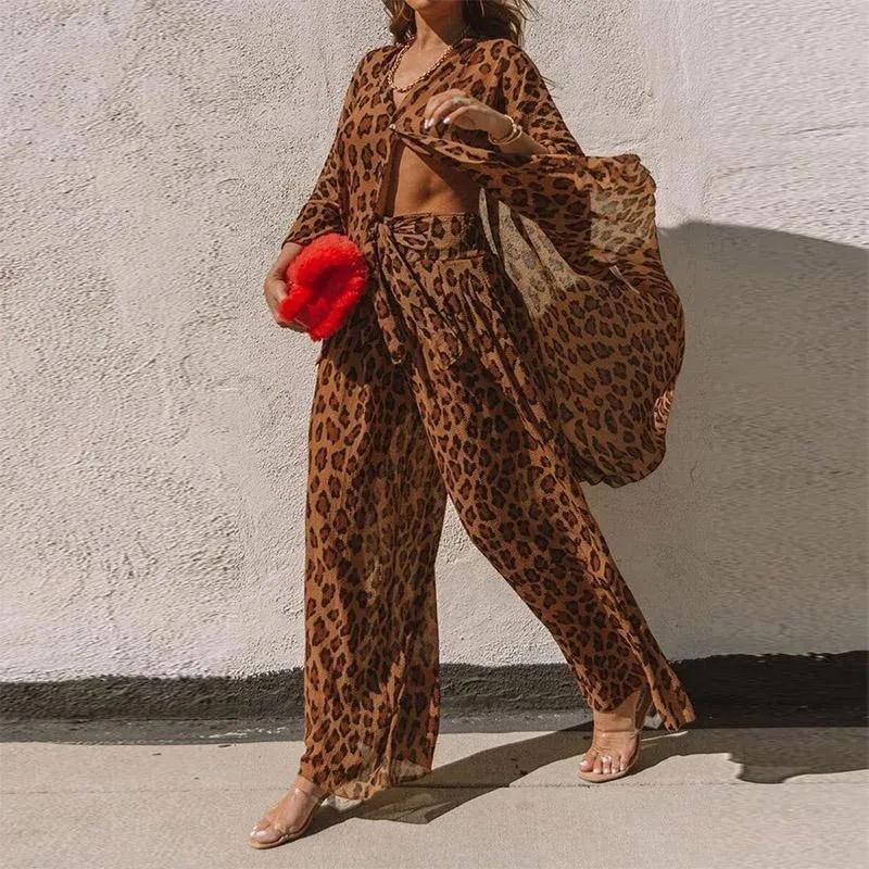 Women's Two Piece Pants Elegant Women Leopard Print 2 Sets 2022 Summer Shirt + Wide Leg Suits Ladies Fashion Long Sleeve Outfits Streetwear