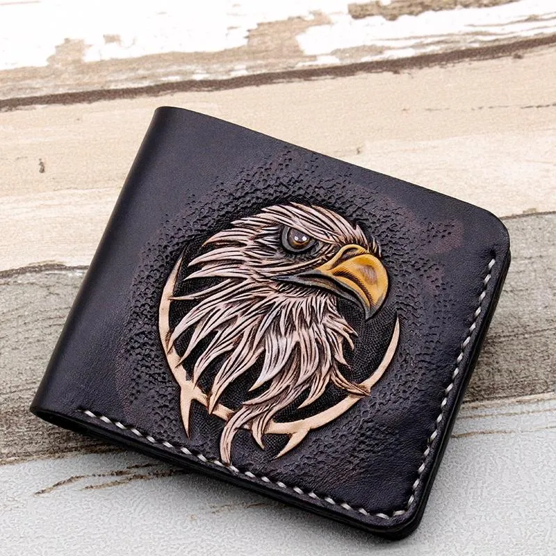 Wallets Hand-made Short Carving Eagle Purses Men Vegetable Tanned Leather Wallet Card Holder Souvenir Gift Customization223i