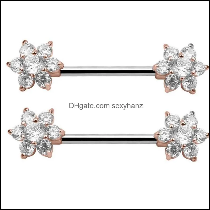 Other 2Pcs High Quality Zircon Flower Star Body Nipple Rings Jewelry Women Bar Barbell Piercing Ring