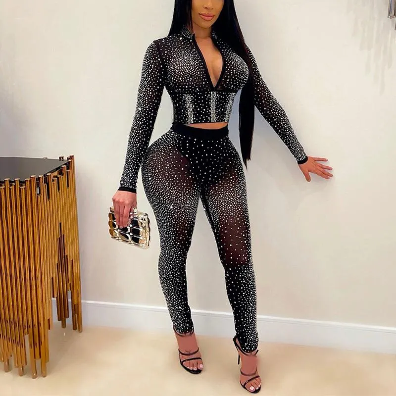 Women's Two Piece Pants Women Sexy Pieces Sets Diamond 2021 Bodycon Crop Tops & Pencil See Through Evening Night Club Outfits