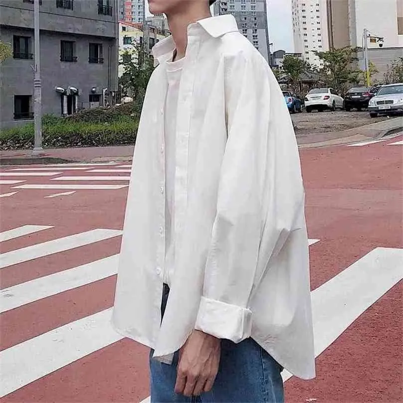 Spring Autumn Hong Kong Casual Long-sleeved Shirt Men Korean Loose White Trend Jacket Streetwear Oversized Button Up 210626
