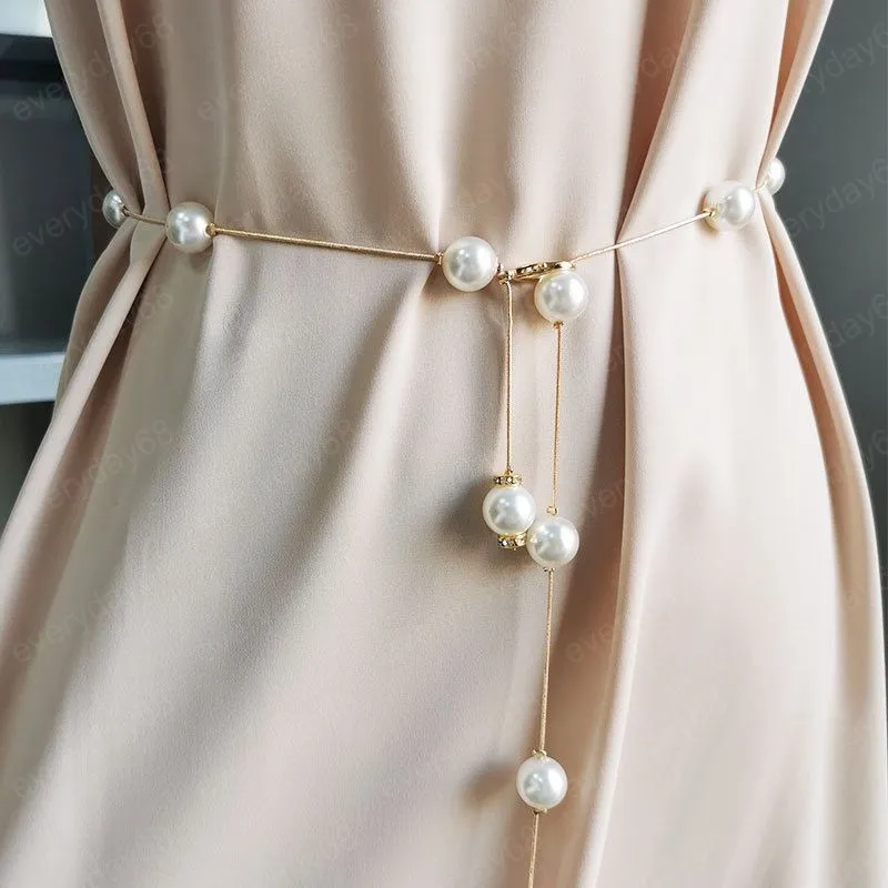 أنيقة المرأة حزام اللؤلؤ حزام معدني قابل للتعديل حزام أزياء بسيطة رقيقة نحيل حزام سيدة فستان مجوهرات الزخرفية