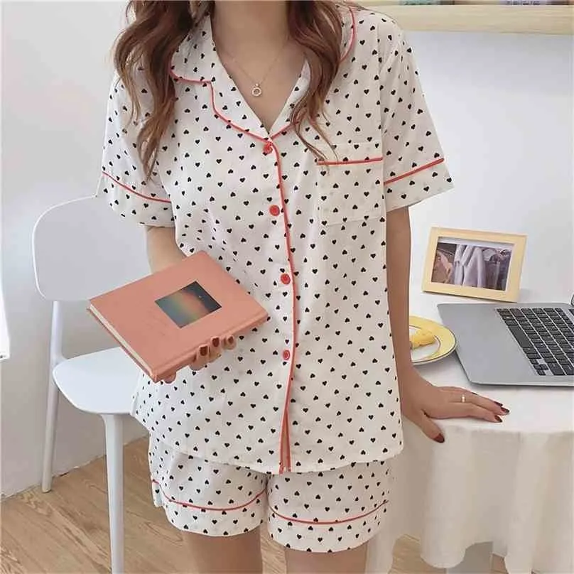 Moda Casual Algodão Impresso Corações Femme Chic Mulheres Solta Sleepwear All Match Girls Pajamas Sets 210525