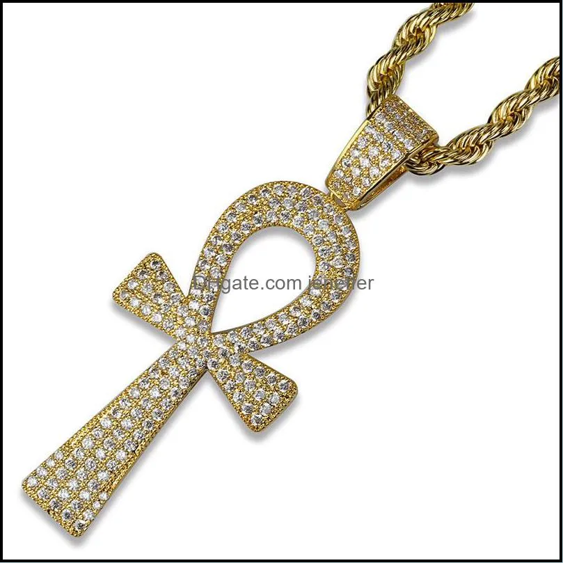 Iced Out Egyptian Ankh Key Pendant Necklace With Chain 2 Colors Fashion Mens Necklace Hip Hop Jewelry Y1220