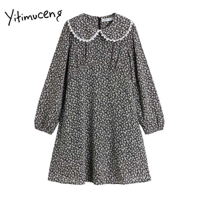 Yitimuceng Print Vintage Dress Women Black Spring Loose High Waist Långärmad O-Neck Office Lady French Fashion Clothing 210601