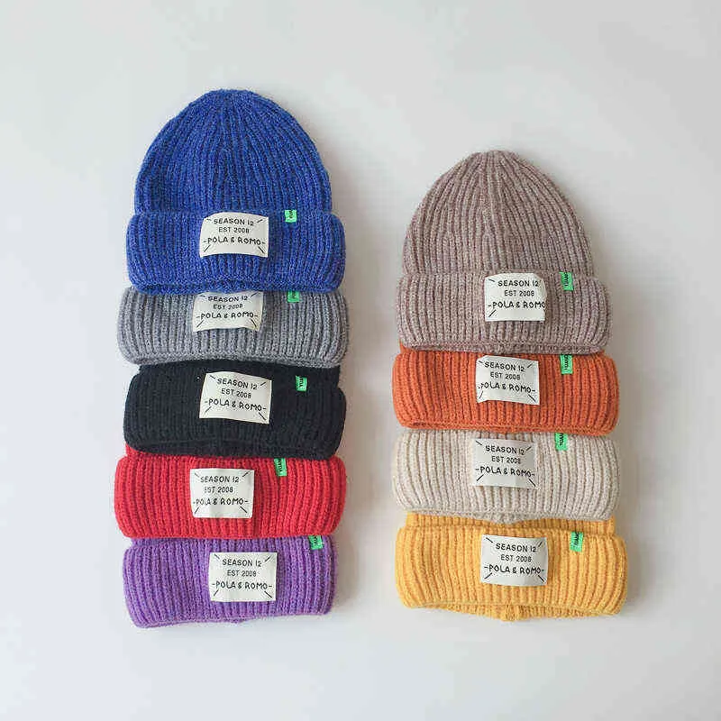 Casual Kinderen Gebreide Mutsen Simple Winter Cap voor Jongens Meisjes Warme Dikke Kids Caps Koreaanse versie Pompoen Bonnetten Babywol Hat Y21111