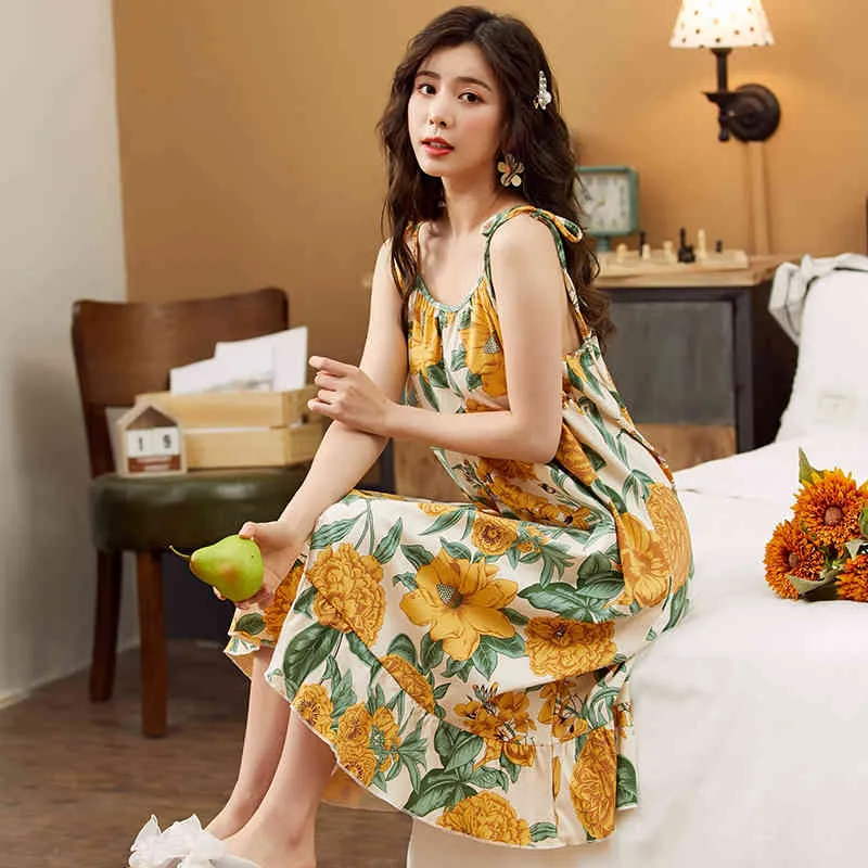 Women gowns Sexy Spaghetti Strap V-Neck Casual Home Dress Shirt Floral Print Sleepwear Nightwear